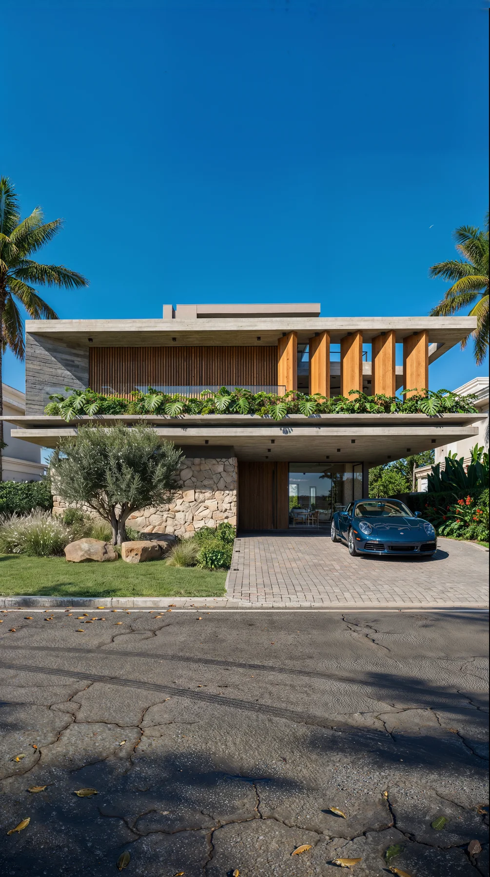 Fachada frontal da Aurea House com concreto aparente, pedra natural, madeira e paisagismo